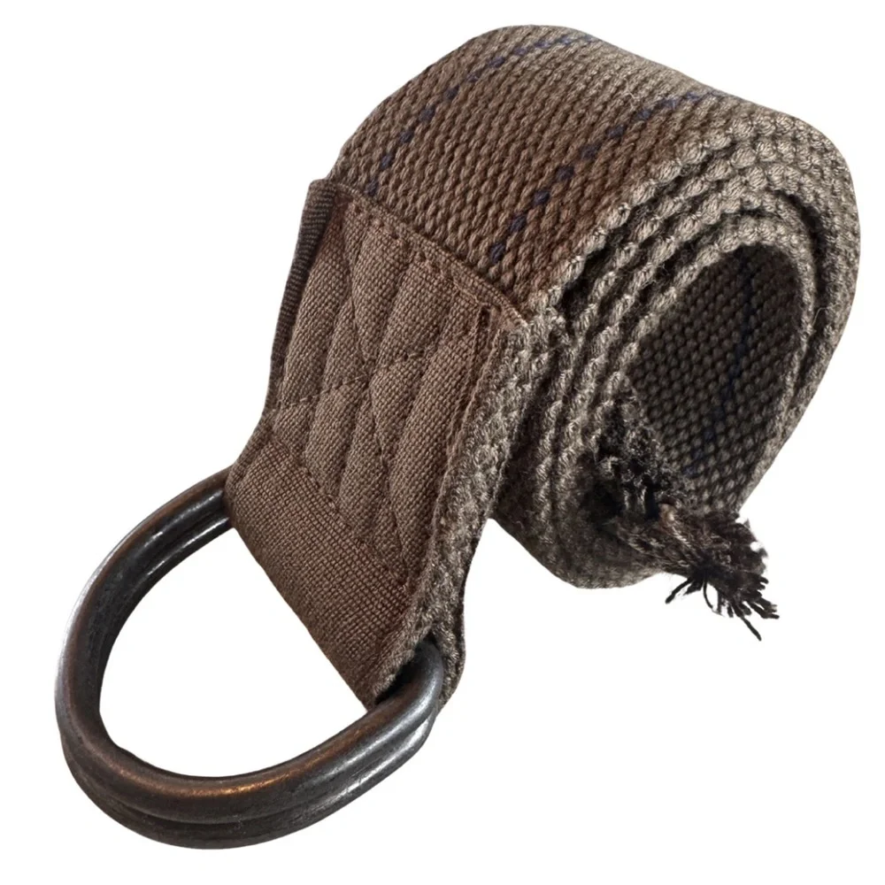 Brown Woven Web D-Ring Belt Double Ring Adjustable Casual Canvas Fringe End Boho